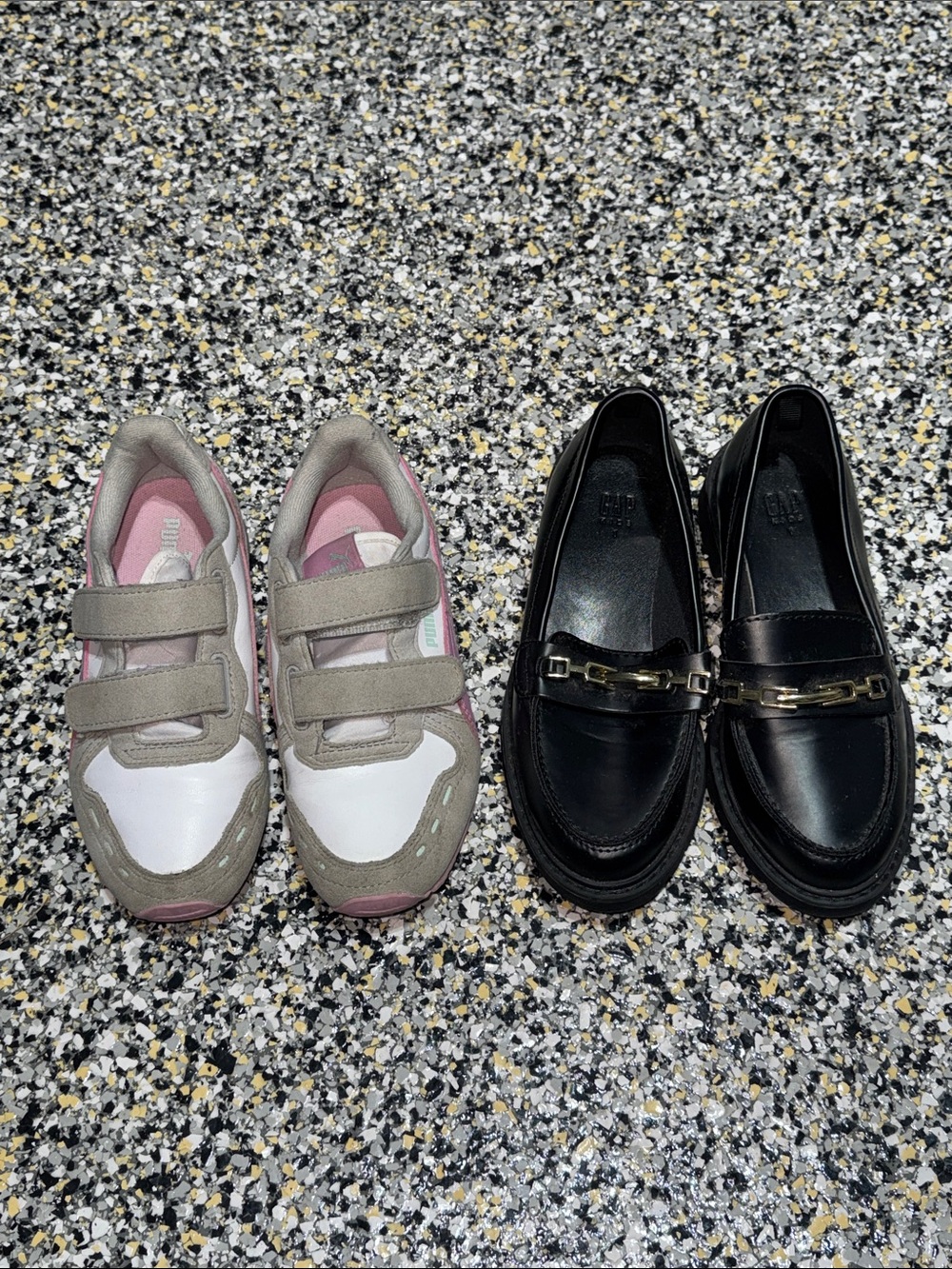 Puma velcro shoes and black loafers